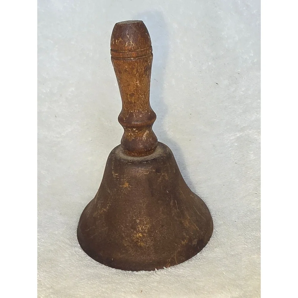 Vintage Antique Hand Bell Cast Iron Schoolhouse Dinner Bell Wood Handle Rustic